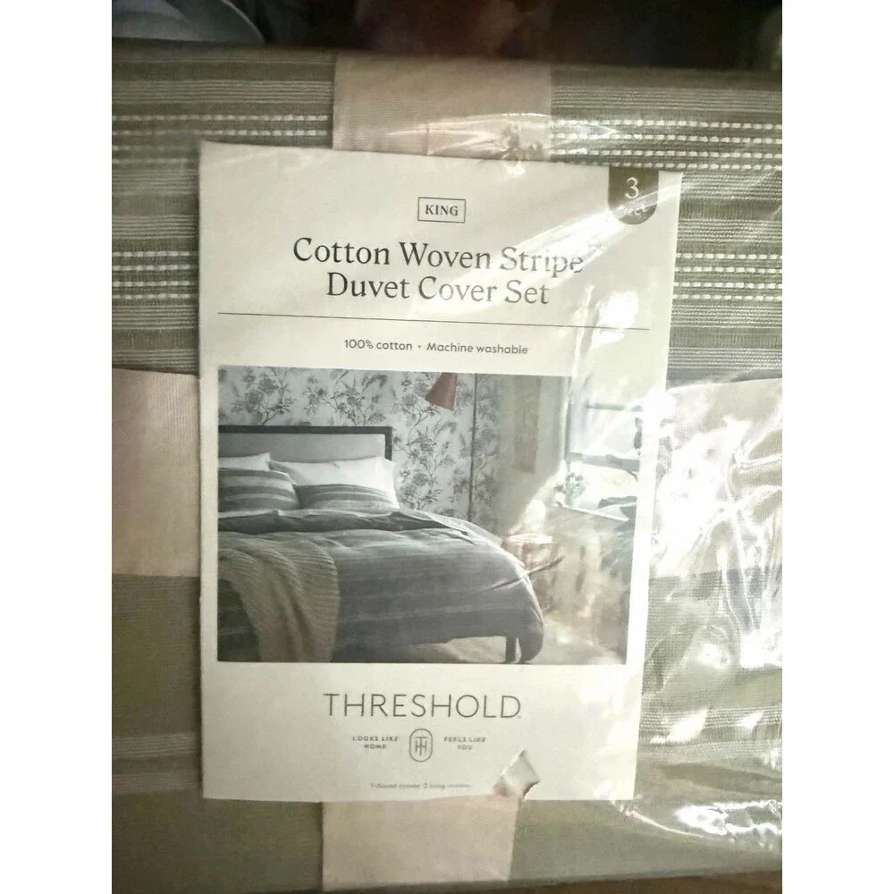 Threshold King Duvet Cover Sham Set Moss Green White Cotton Stripe OEKO-TEX